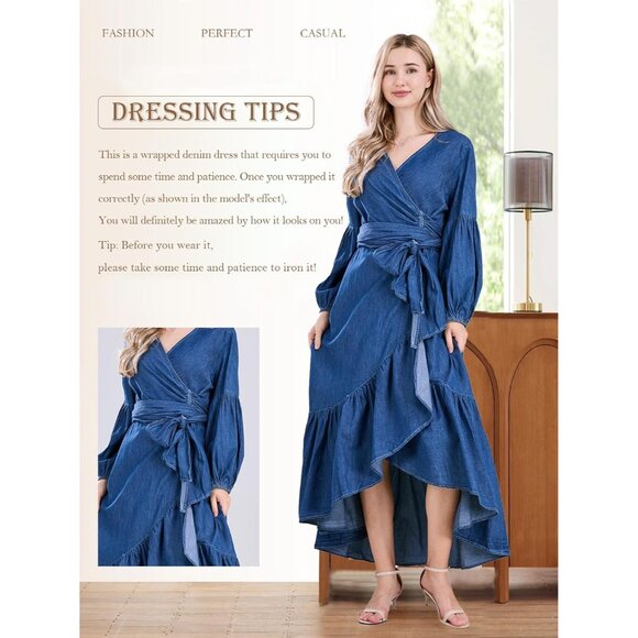 Women's Denim Maxi Dress Cotton Belted V-Neck Ruffle Hem Casual Elegant - Picture 2 of 8